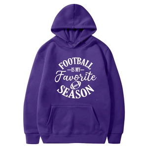Purple fleece hoodie with Football Is My Favorite Season print and drawstring hood