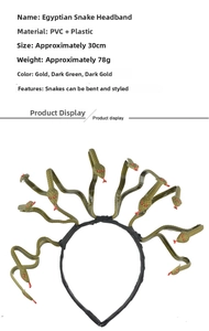 Close-up of bendable Egyptian snake headpiece with size and material specifications