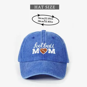 Detailed size chart for the blue washed denim baseball cap with football mom embroidery