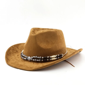 Classic brown suede fedora hat with bohemian beaded band and wide curved brim