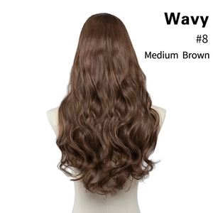 Rear view of long wavy medium brown synthetic hair extensions with natural texture