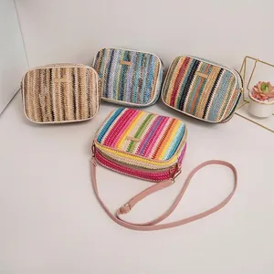 Women Crossbody Bag Straw Woven Rainbow Stripe Camera Bag Summer Beach Casual Ethnic Style Small Square Purse