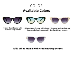 Cat eye sunglasses detail showing four colors with gold metal claw accents and gradient lenses