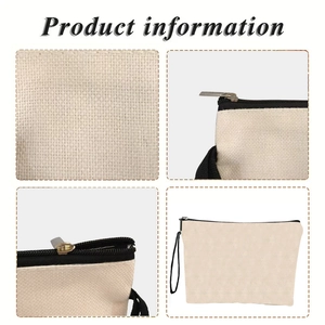 Borsa da trucco in tela beige con cerniera nera e cinturino da polso viste multiple