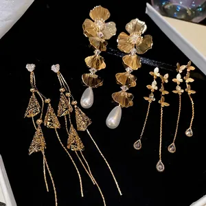 Long Tassel Earrings Copper Gold Plated Heart Butterfly Flower Rhinestone With 925 Sterling Silver Earring Post Retro