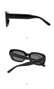 Detail view showing the side and back of black jelly-color square thick frame sunglasses