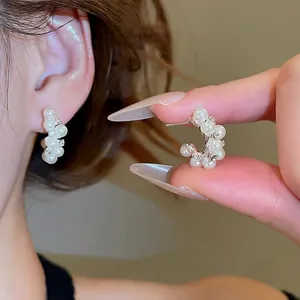 Elegant C-Shape Cluster Earrings With 925 Sterling Silver Earring Post Imitation Artificial Pearl Rhinestone Waterdrop For Women