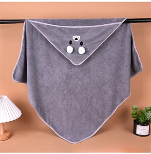 Detail of grey hooded baby towel with cute bear embroidery and 3D ears design