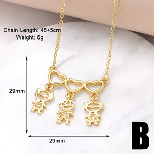 Macro view of gold-plated family heart necklace with cubic zirconia girl boy charms