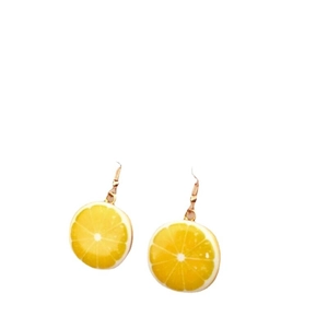 Creative yellow lemon slice drop earrings for women with summer fruit design on white background