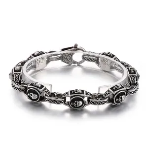 Bracciale Teschio Da Uomo Vintage Invecchiato Acciaio Inossidabile 316L Punk Gotico Catena Pesante Gioielli