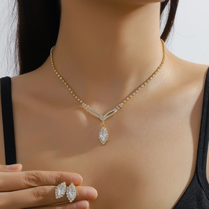 Detailed close-up of bridal marquise cubic zirconia necklace and earrings on model