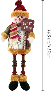 Detail of Christmas snowman plush with wooden legs and LET IT SNOW sign 37cm tall