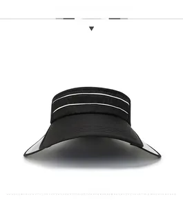 Front view of black empty top sun hat with white stripes and retractable wide brim