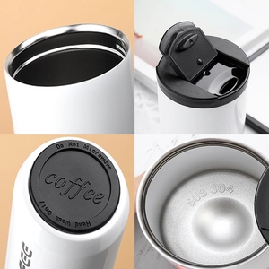 White stainless steel coffee tumbler with 304 interior and flip lid detail view