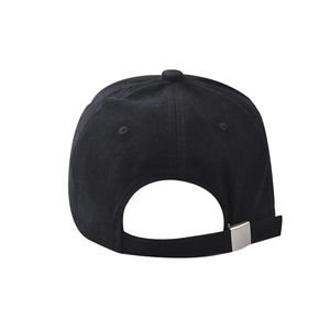 Rear view of black cotton baseball cap showing adjustable strap and metal buckle
