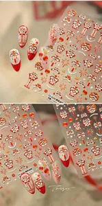 Macro view of TS-4266 3D embossed nail decals featuring red lion dance and gold ingots