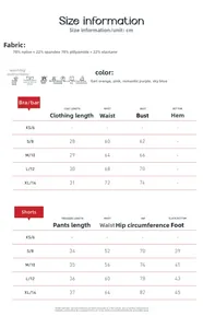 Detailed size chart for yoga sets including sports bra and shorts with fabric specs
