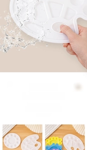 Close-up of washable white art palette with water splashes showing easy cleaning feature