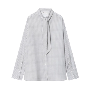 Women Striped Blouse Tie Neck Long Sleeve Button Down Poplin Shirt Polyester Elegant Fashion Top
