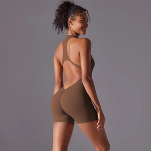 Detail view of coffee brown yoga bodysuit featuring hollow back design and ruched butt lifting