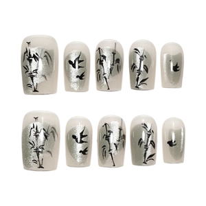 Cat eye press-on nails with oriental bamboo and bird ink painting on gradient silver base