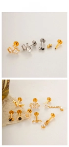 Detailed view of titanium labret studs with cubic zirconia in gold and silver finish