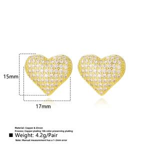 Detailed size and material chart for gold plated heart earrings with zircon stones