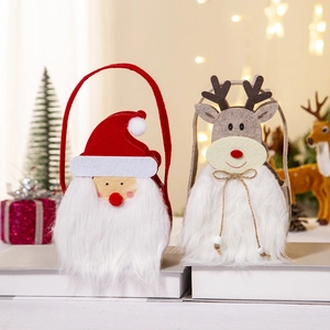 Christmas Gift Handbags Santa Claus Reindeer Felt Cloth With Faux Fur Hemp Rope Handles Holiday Party Decoration