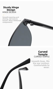 Detail view of reinforced alloy hinges and curved ergonomic temples on rimless sunglasses