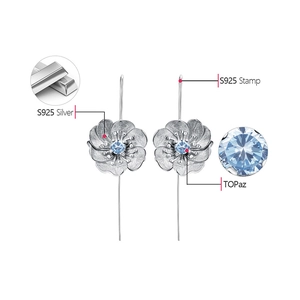 Macro view of S925 sterling silver flower earrings with blue topaz gemstone details