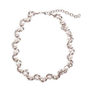 Elegant twisted silver metal chain and white faux pearl necklace with lobster clasp