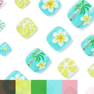 Glossy short press-on nails with tropical palm trees and plumeria floral designs