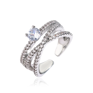 Elegant silver multi-layer crossover open ring with sparkling zircon stone center