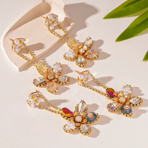 Flower Dangle Earrings Silver Earring Post Copper Colorful Zircon Imitation Artificial Pearl Long Tassel French Fashion Jewelry Women