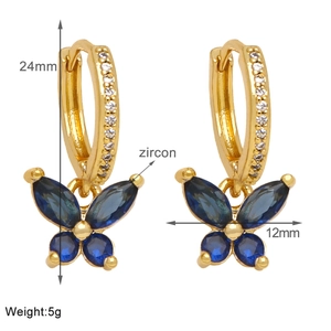 Detailed dimensions of gold butterfly earrings with blue zircon showing 24mm height