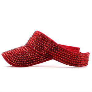 Detail view of fashion sun visor hat with red rhinestones and breathable mesh material