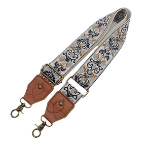 Adjustable ethnic style canvas bag strap with embroidery and brown leather connectors