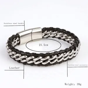 Men's braided leather and stainless steel chain bracelet, 21.5cm with magnetic clasp