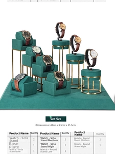 Detail view of velvet watch display stands with gold metal frames on a large base