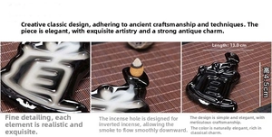 Detail view of creative black ceramic backflow incense burner with Chinese calligraphy design