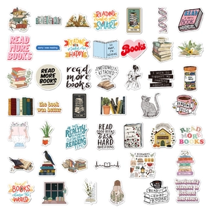 Flat lay of 50 waterproof reading stickers with books, cats, and coffee for kindle decor