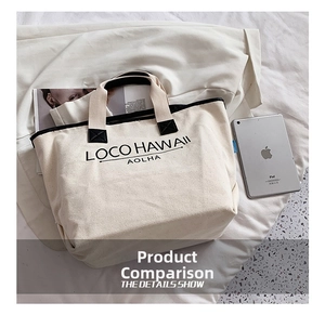 Detailansicht der großen Canvas-Tasche mit schwarzem LOCO HAWAII Text und Griffen