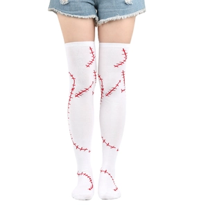 Detailed knit texture of white thigh high socks with red stitched Sally cosplay pattern