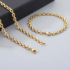 304 Stainless Steel Jewelry With Hollow Square Box Chain Necklace And Bracelet For Women Minimalist Fashion Accessory