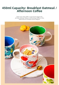 Detailed view of 450ml ceramic mugs with hand-painted floral and bird patterns in vivid colors