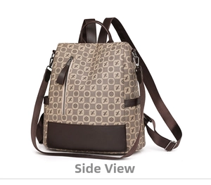 Detail view of stylish vintage backpack showing retro monogram pattern and zipper pockets