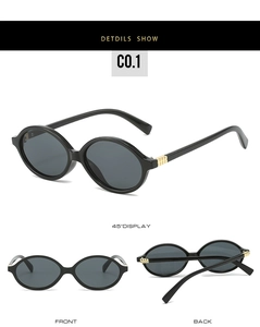 Vues détaillées de lunettes de soleil ovales noires avec rivets carrés dorés sur les branches