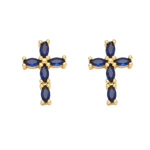 Hip hop style gold cross stud earrings featuring navy blue marquise zircon stones