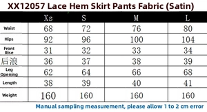 Tableau des tailles détaillé pour jupe-short en satin à dentelle avec mesures en cm